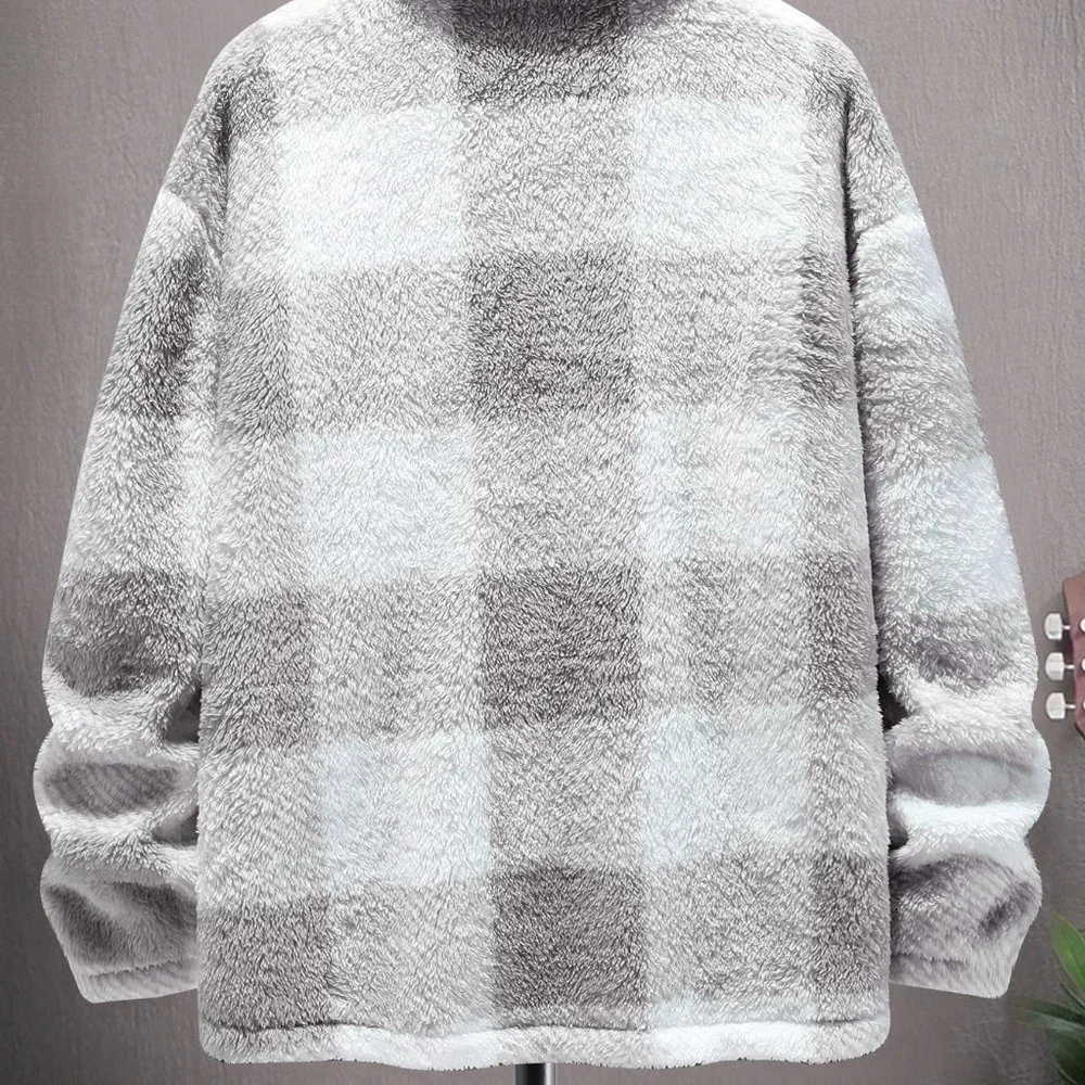 Light Grey Preppy Mens Buffalo Plaid Pattern Flap Pocket Coat - Picture 4 of 5